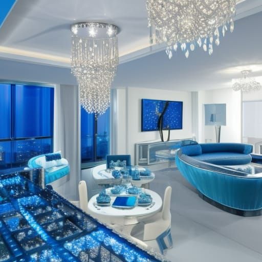 Diamond rhinestone penthouse& with blue rhinestones walls with Diamond accents& Blue rhinestone furniture with Diamond a...