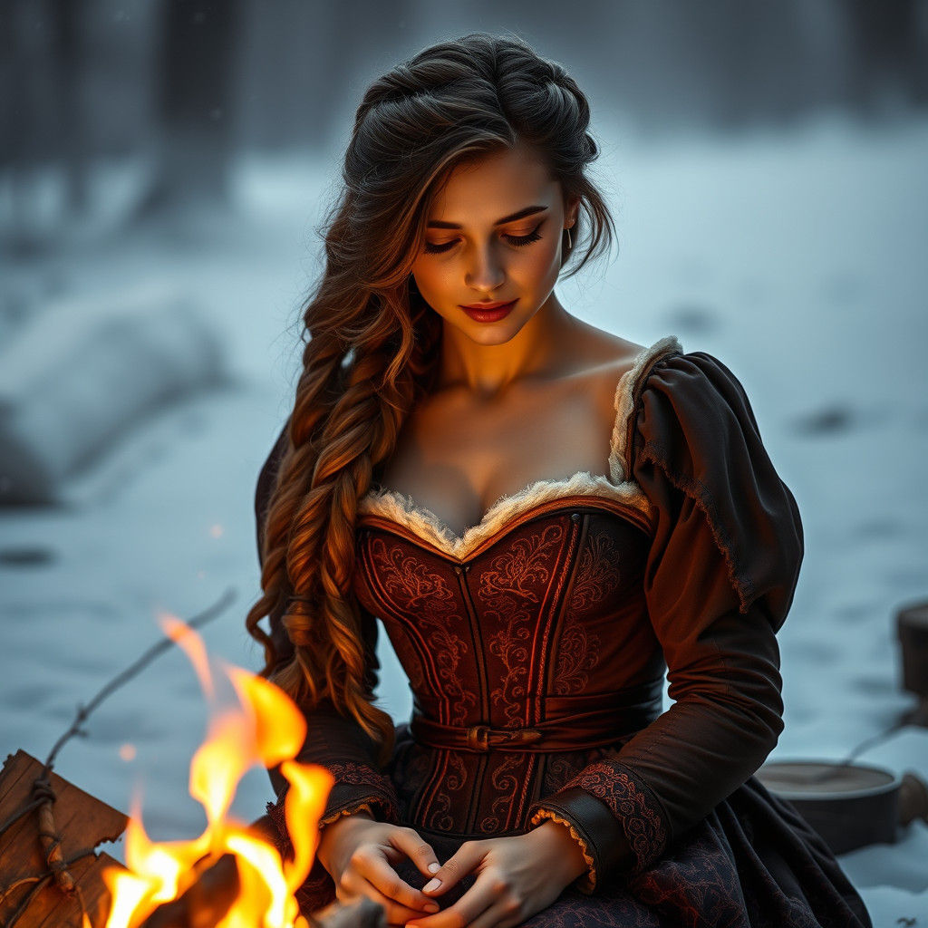 Hyperrealistic Woman Warms by Campfire in Snow
