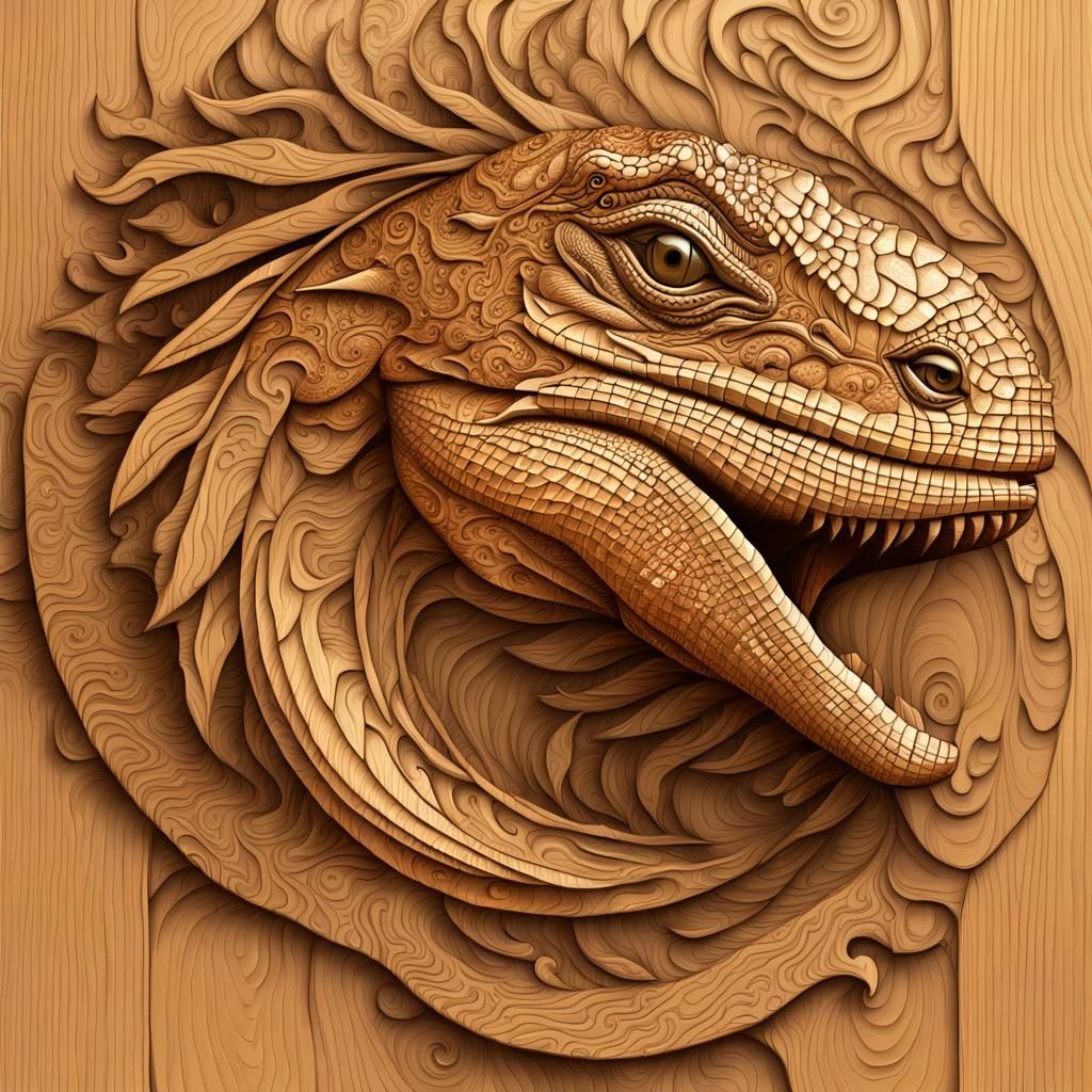 Detailed Wooden Iguana Carving on Fractal Background