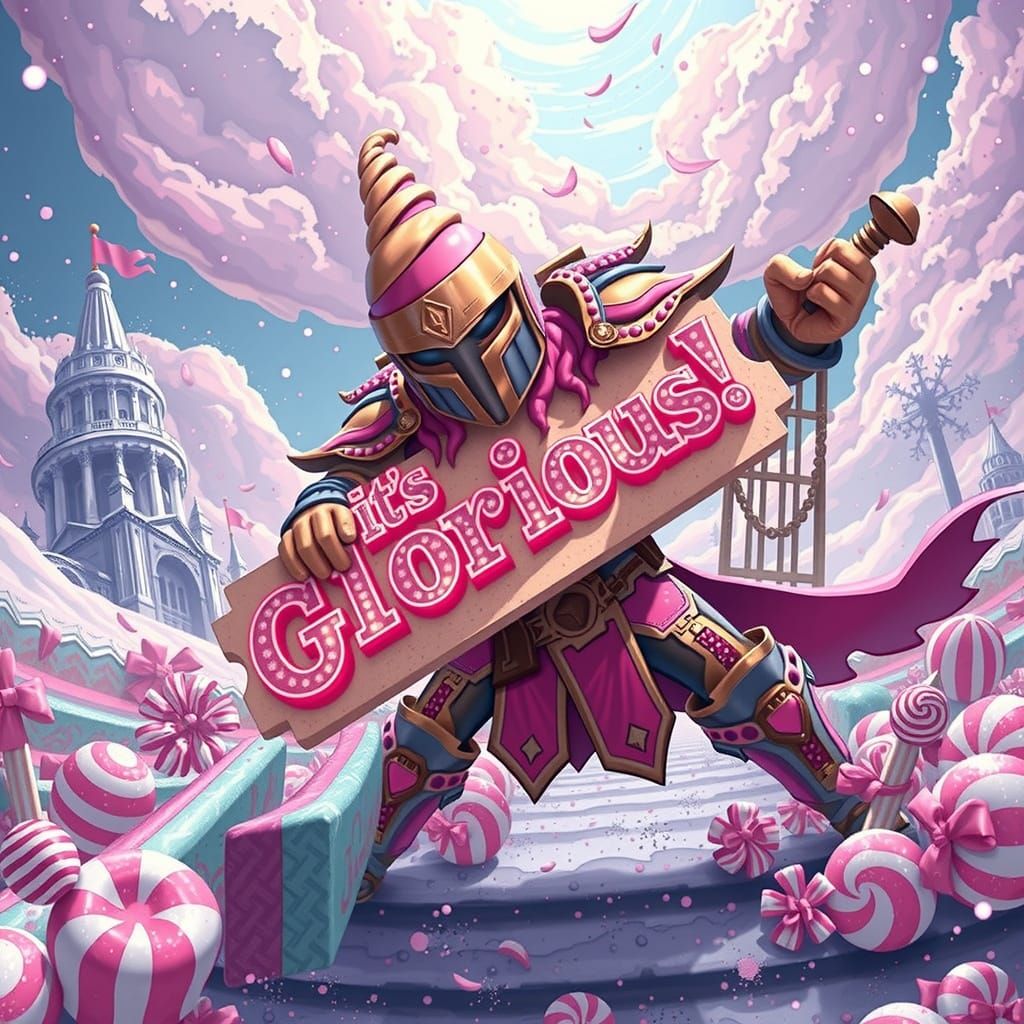 Neapolitan Ice Cream Warrior in Whimsical Candyland Scene