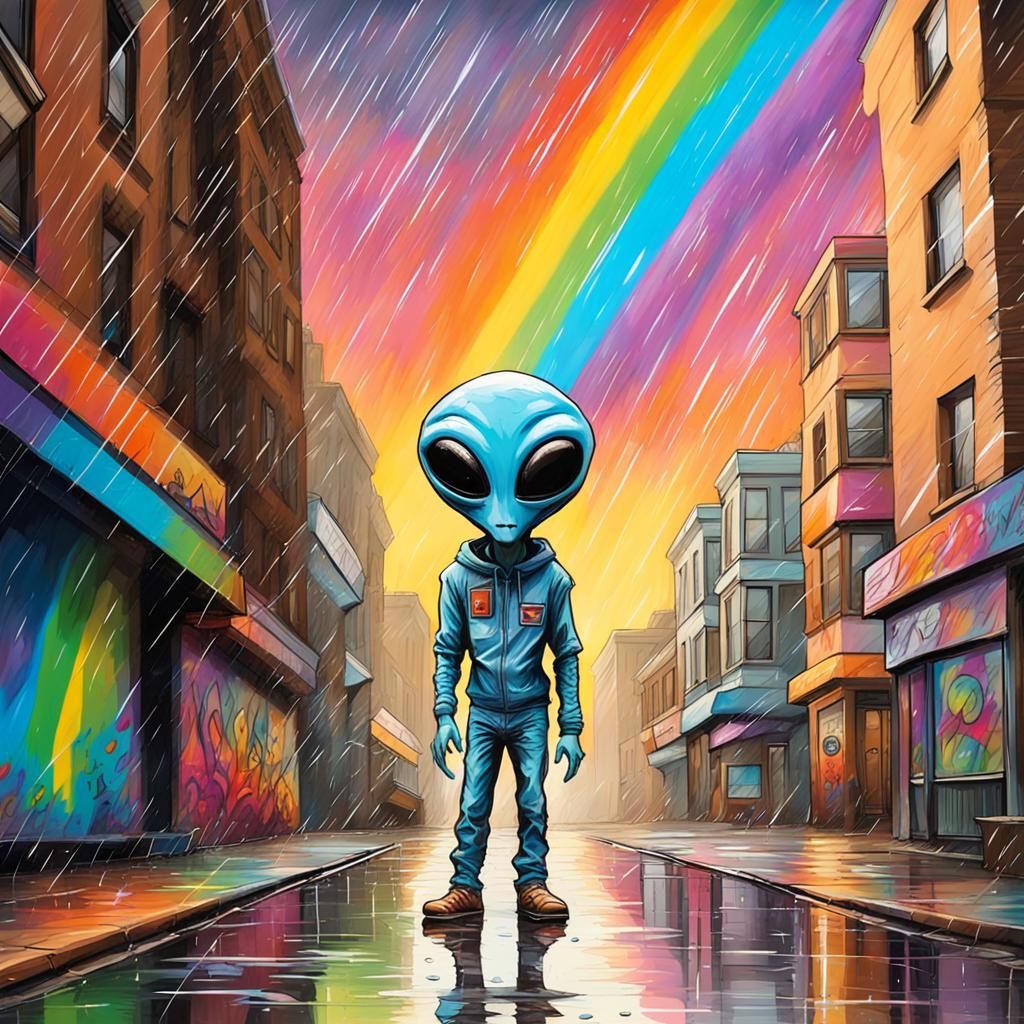 Martian Alien in Rainy Cityscape with Rainbow Graffiti
