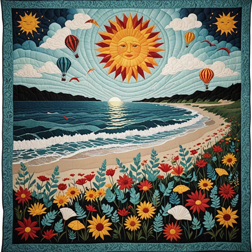 Surreal Quilt Captures Sun-Kissed Beach Scene in Vibrant Col...