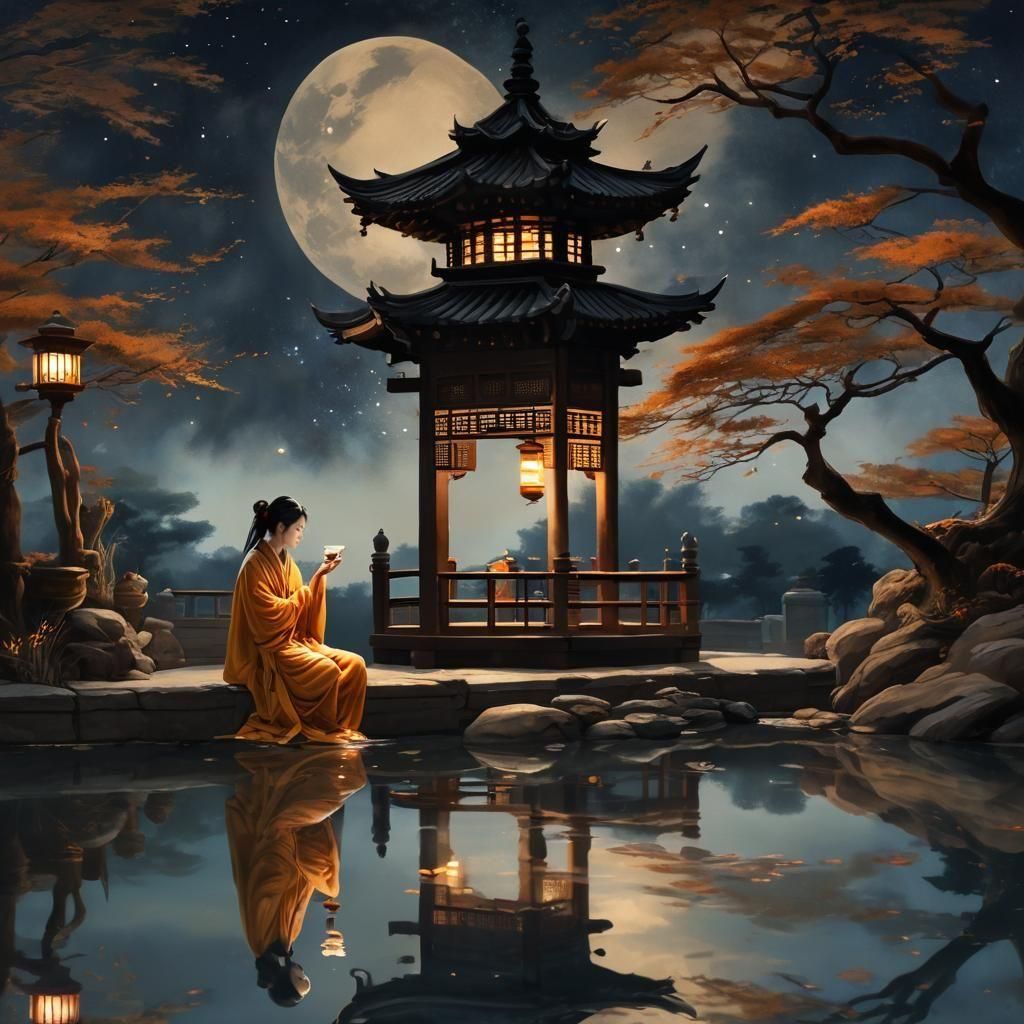 Japanese Tea Garden at Night in Watercolor Style