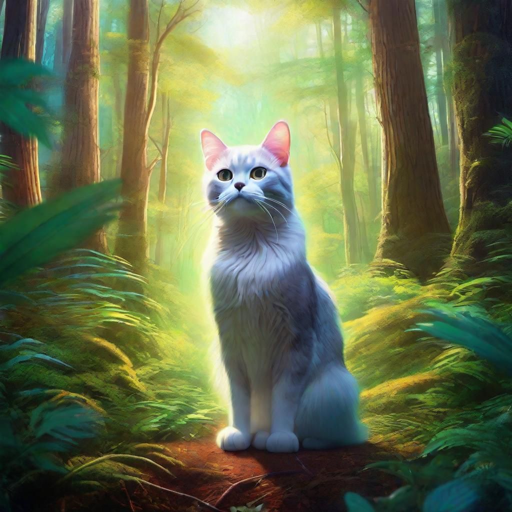 Painter Cat in Mystical Forest, Digital Matte Painting