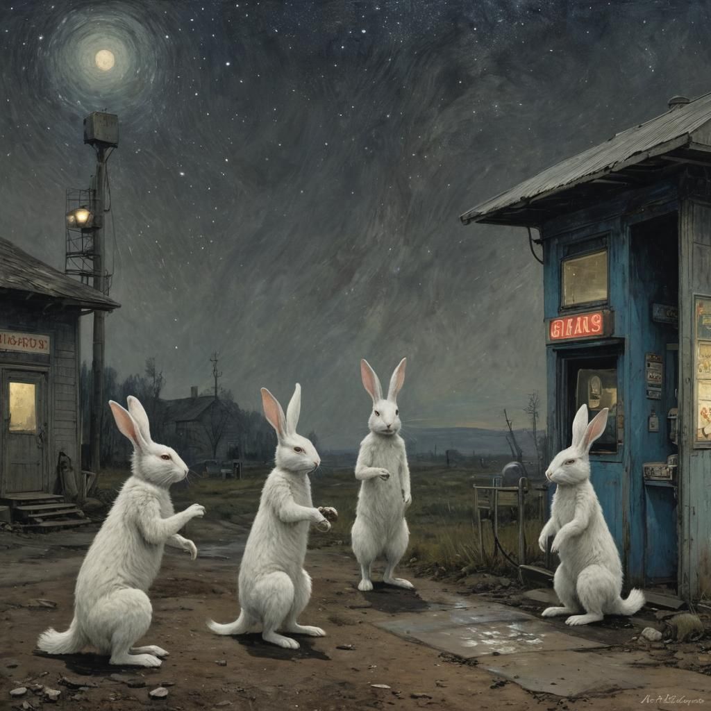 Rabbits at an Alien Gas Station: Surreal Art