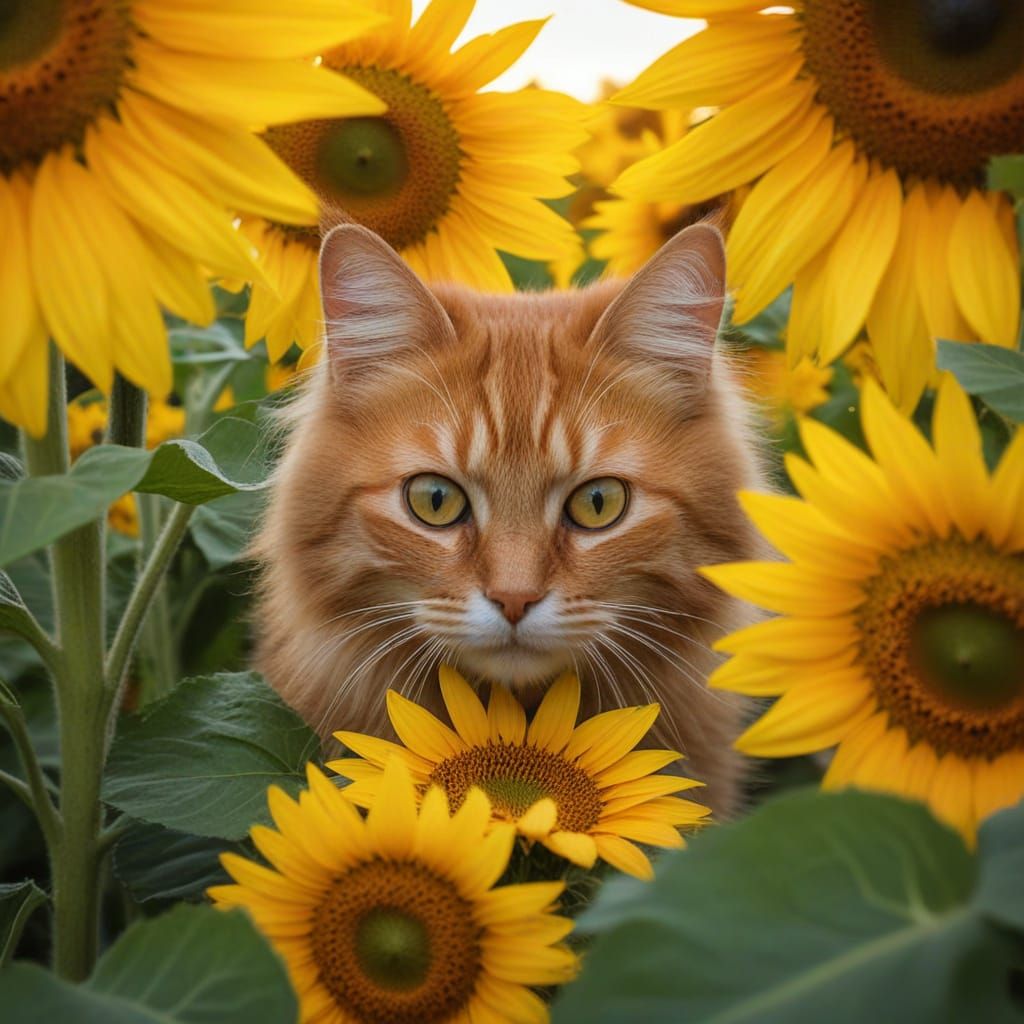 Orange Tabby Cat in Sunflower Field