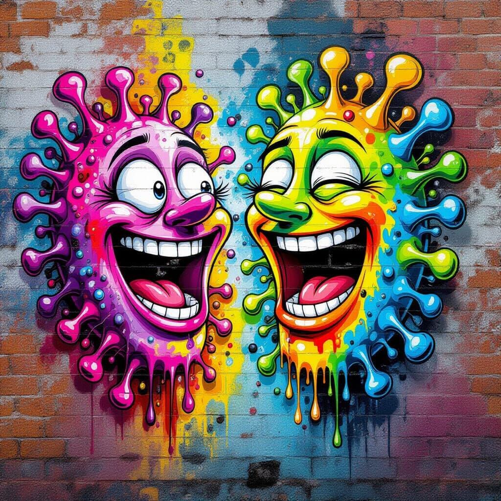 Chaotic Graffiti Mural of Microbes Laughing at Humans