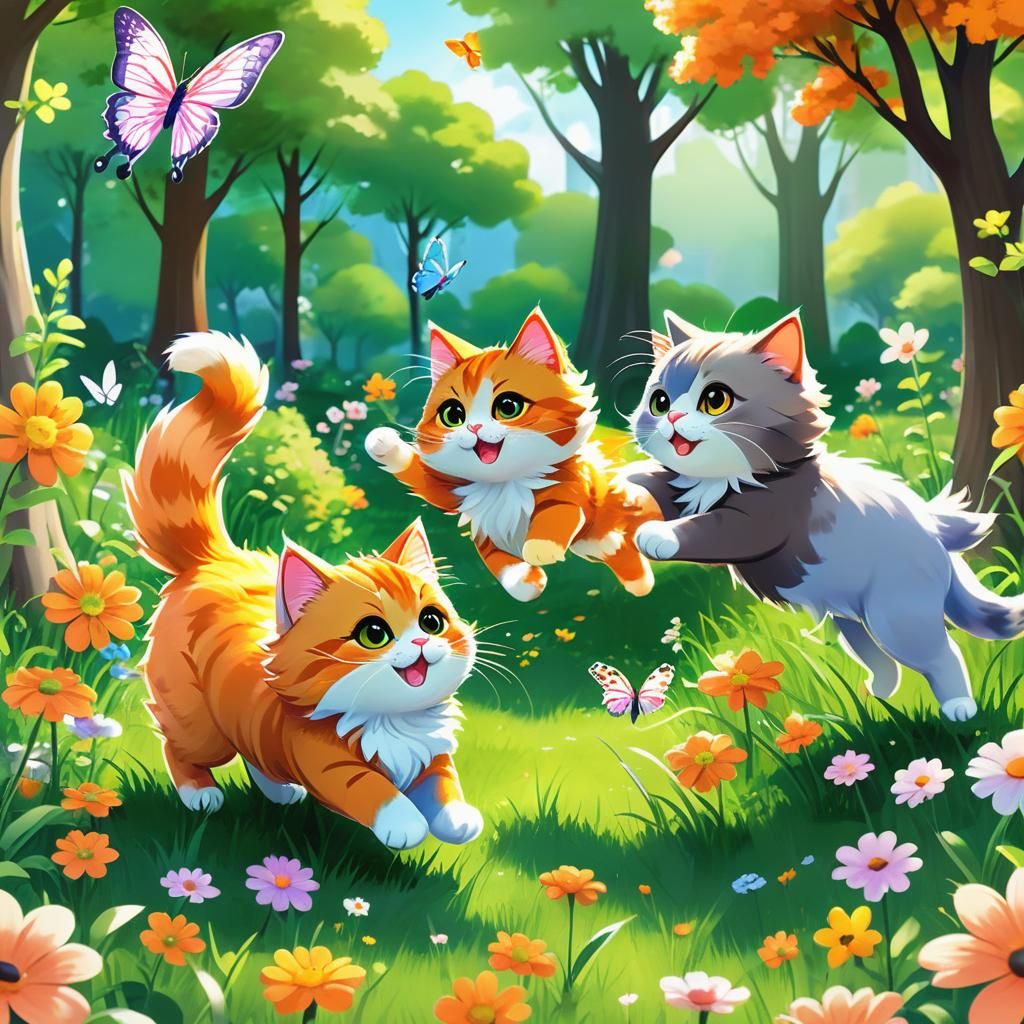 Chibi Cats Play in Vibrant Park: 3D Render