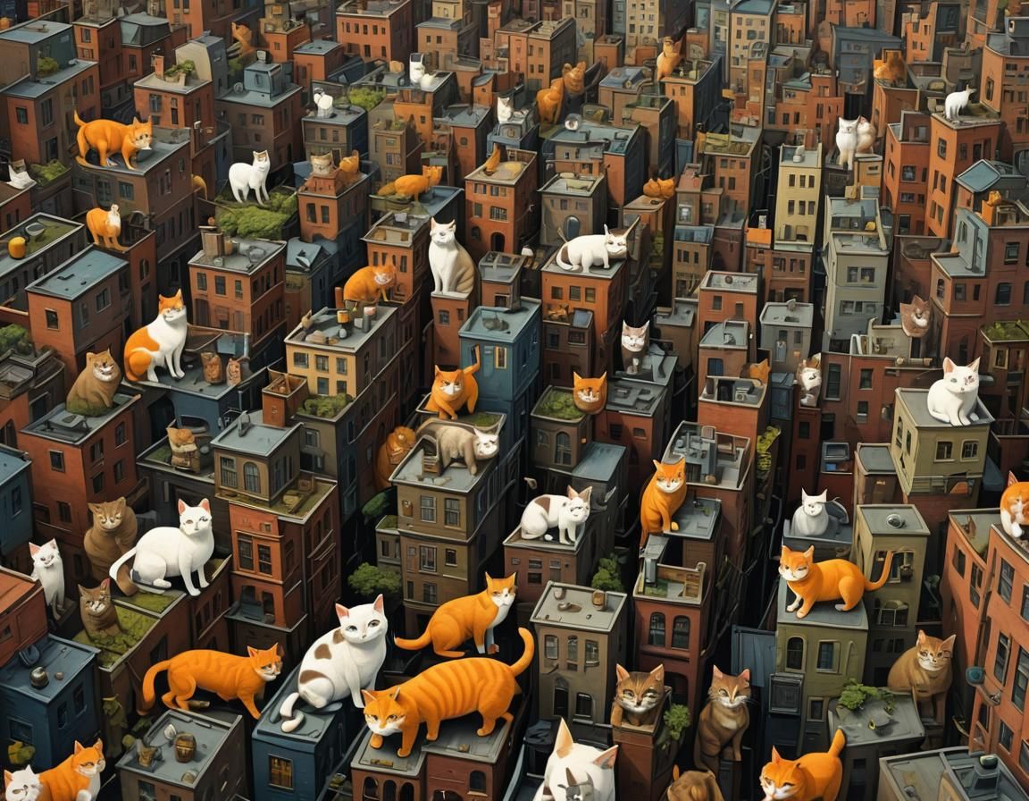 Dystopian Cat City in Oil Painting Cartoon Art