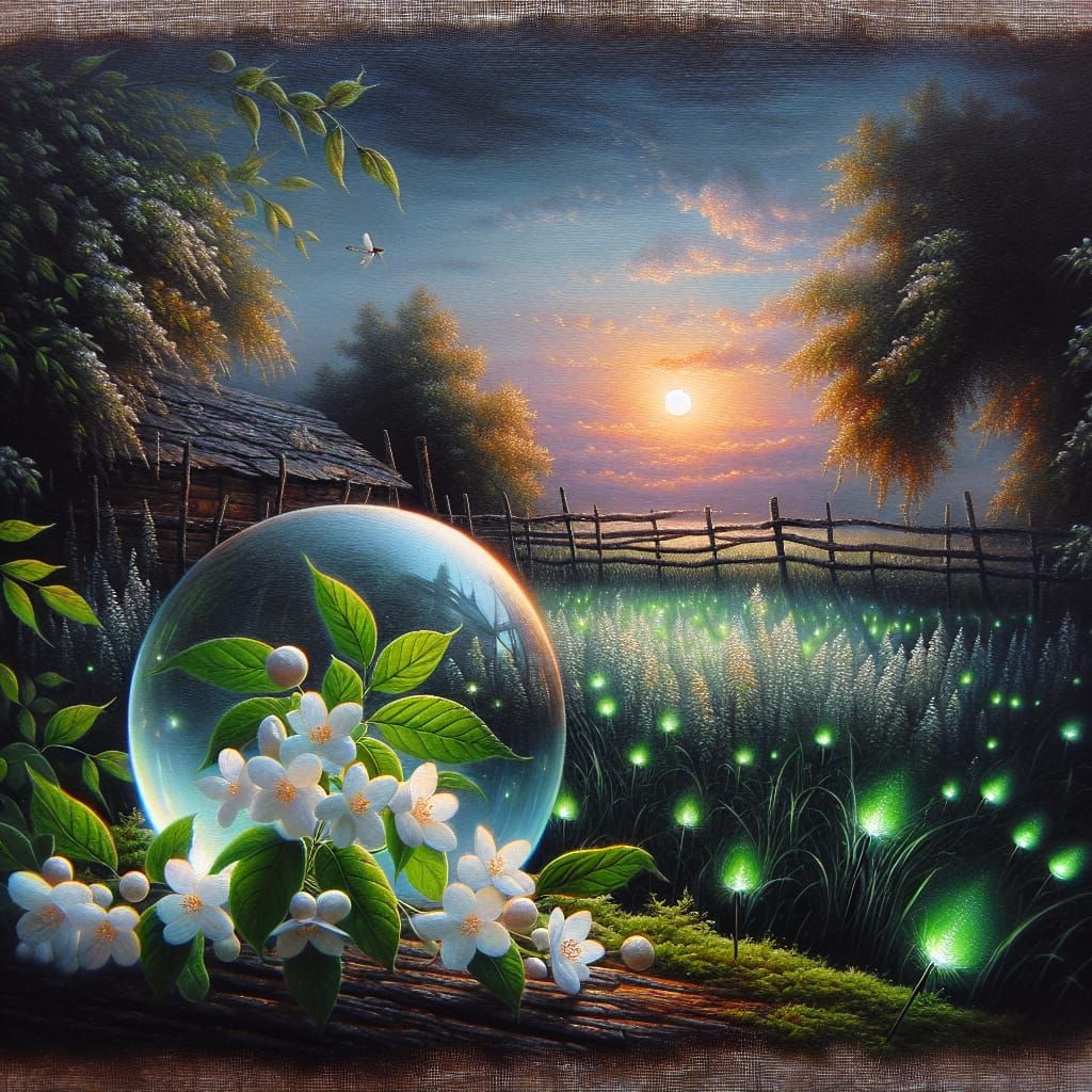 Twilight Garden: Oil Painting with Jasmine and Fireflies