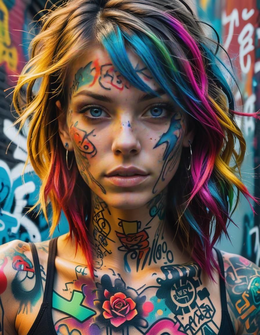 Woman Adorned with Urban Graffiti Tattoos