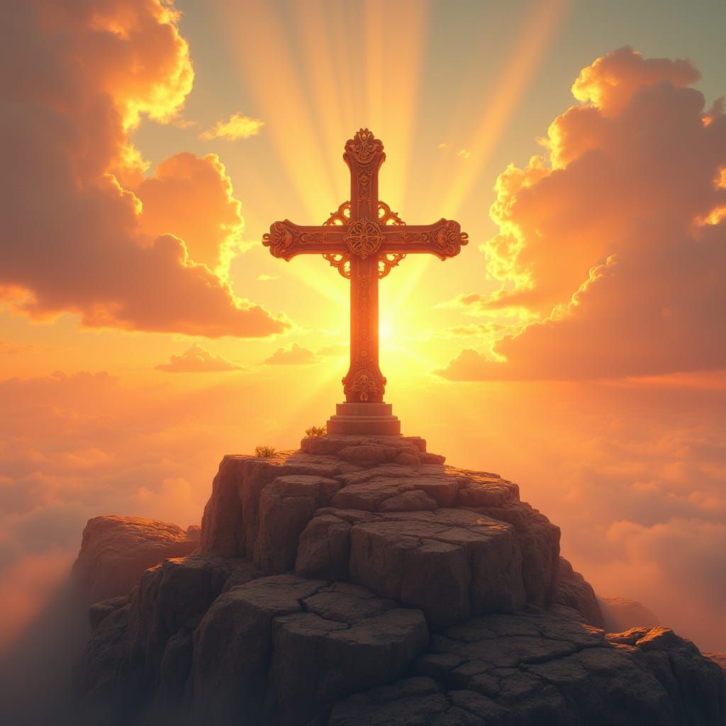 Surreal Golden Sunset Illuminates Majestic Wooden Cross in E...