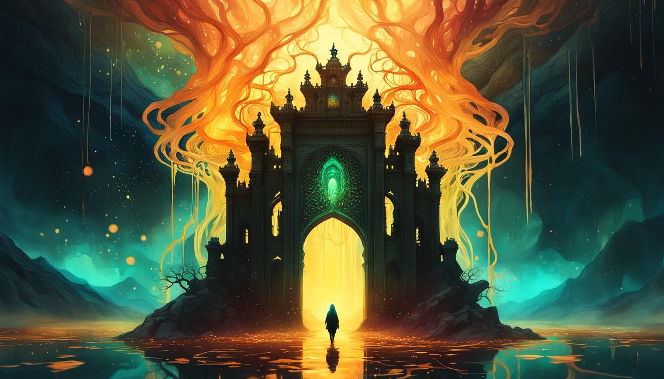 Obsidian Gateway with Glitchcore Light Tendrils