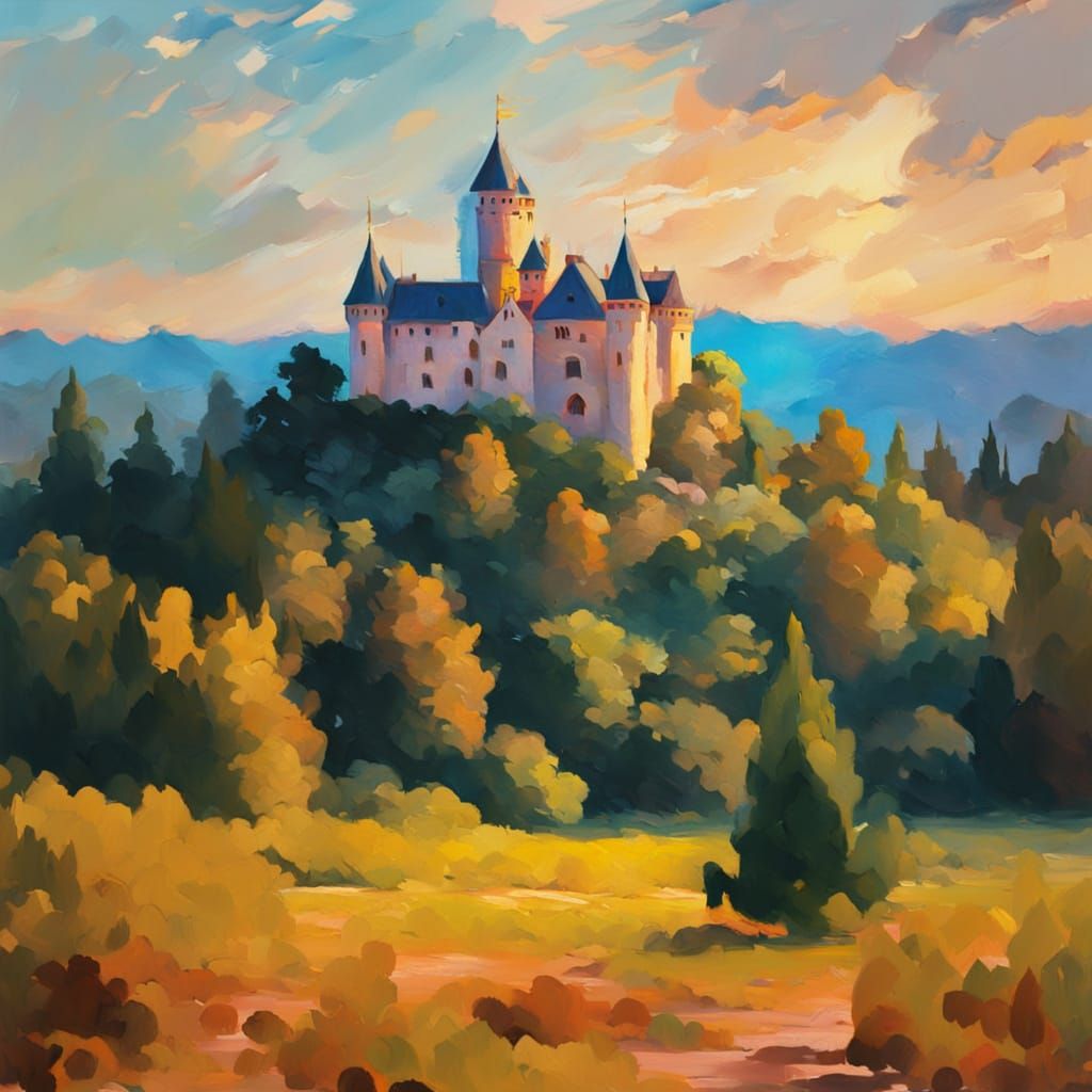 Gouache Impressionist Tiny Castle in Golden Hour Lighting