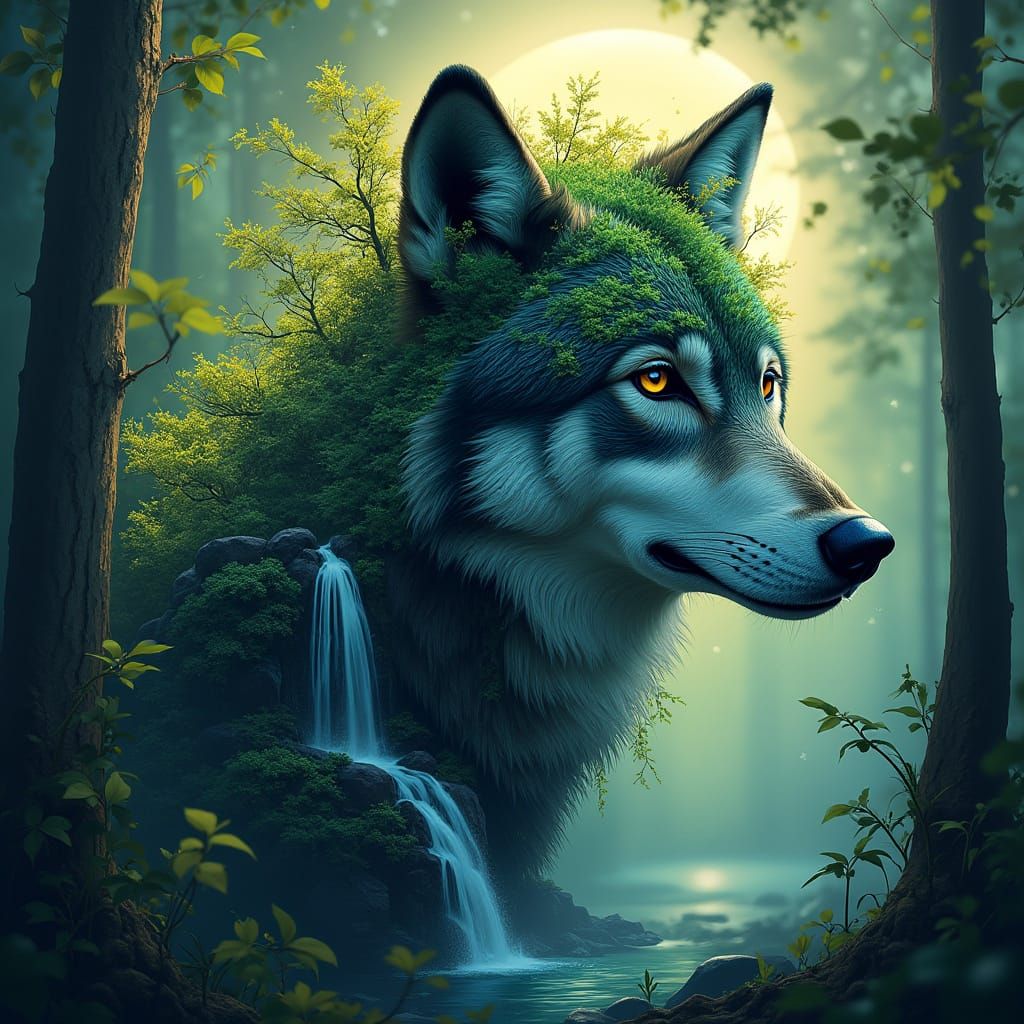 Lush Forest Wolf Head in Surreal Digital Art