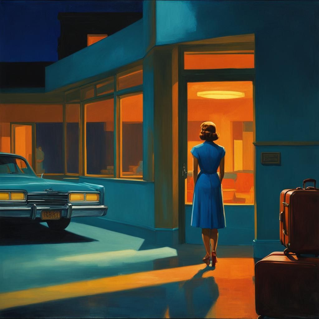 Woman in Motel Room: Evocative Oil Painting