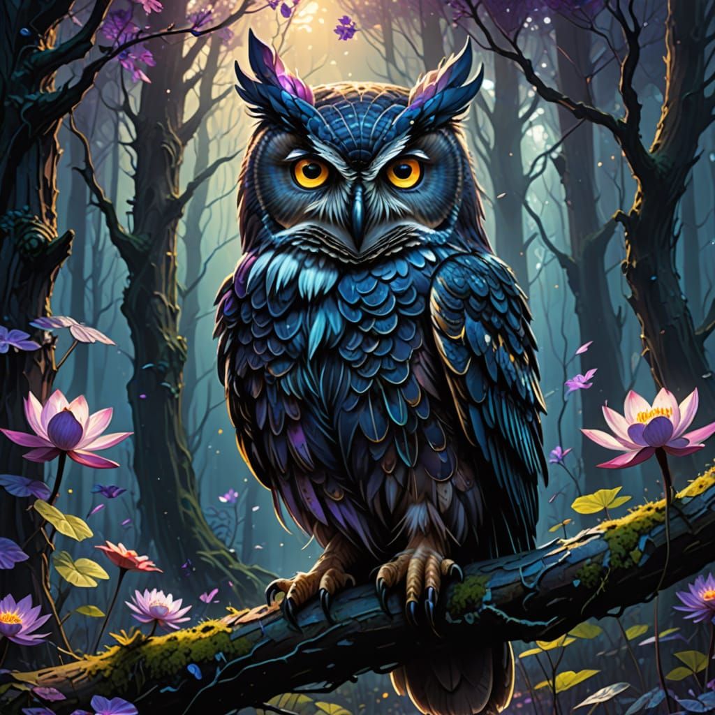 Bioluminescent Owl in Glowing Forest: Surreal Watercolor Art