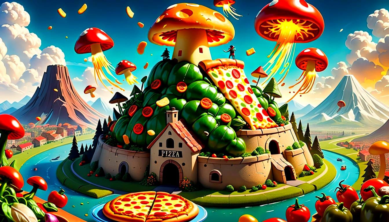 Surreal Pizza Landscape with Parachuting Toppings