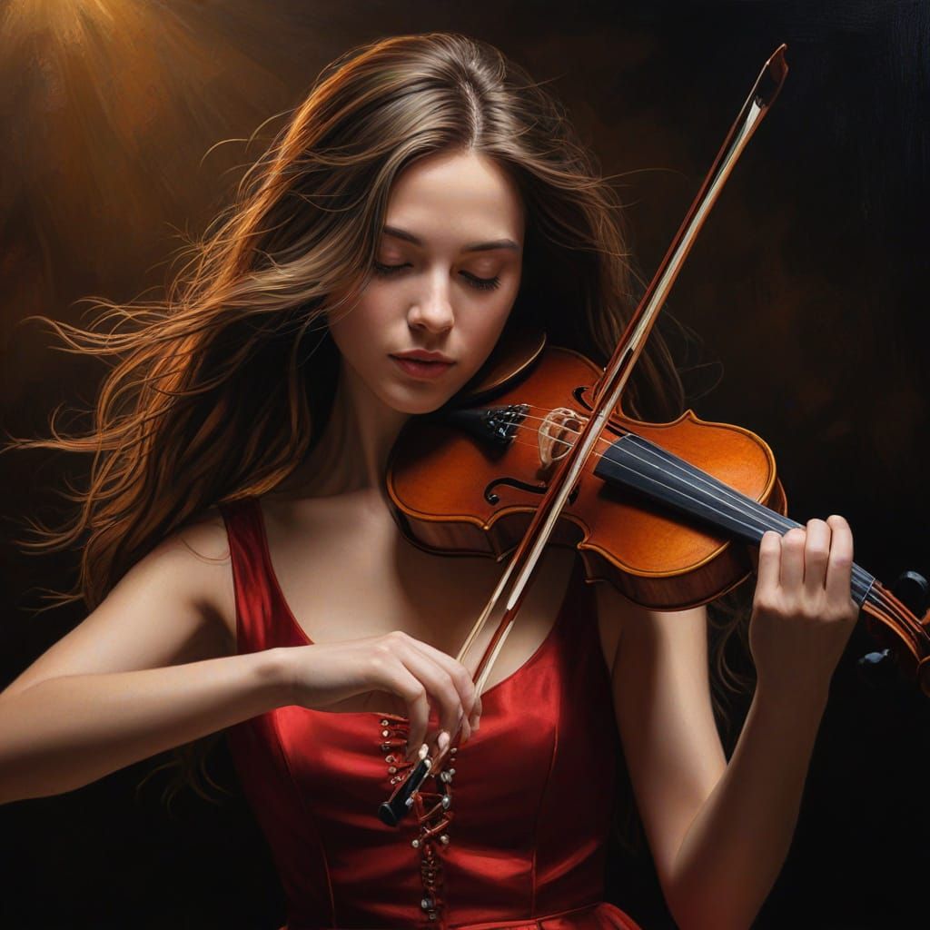 Violinist in Red Dress: Romantic Oil Painting
