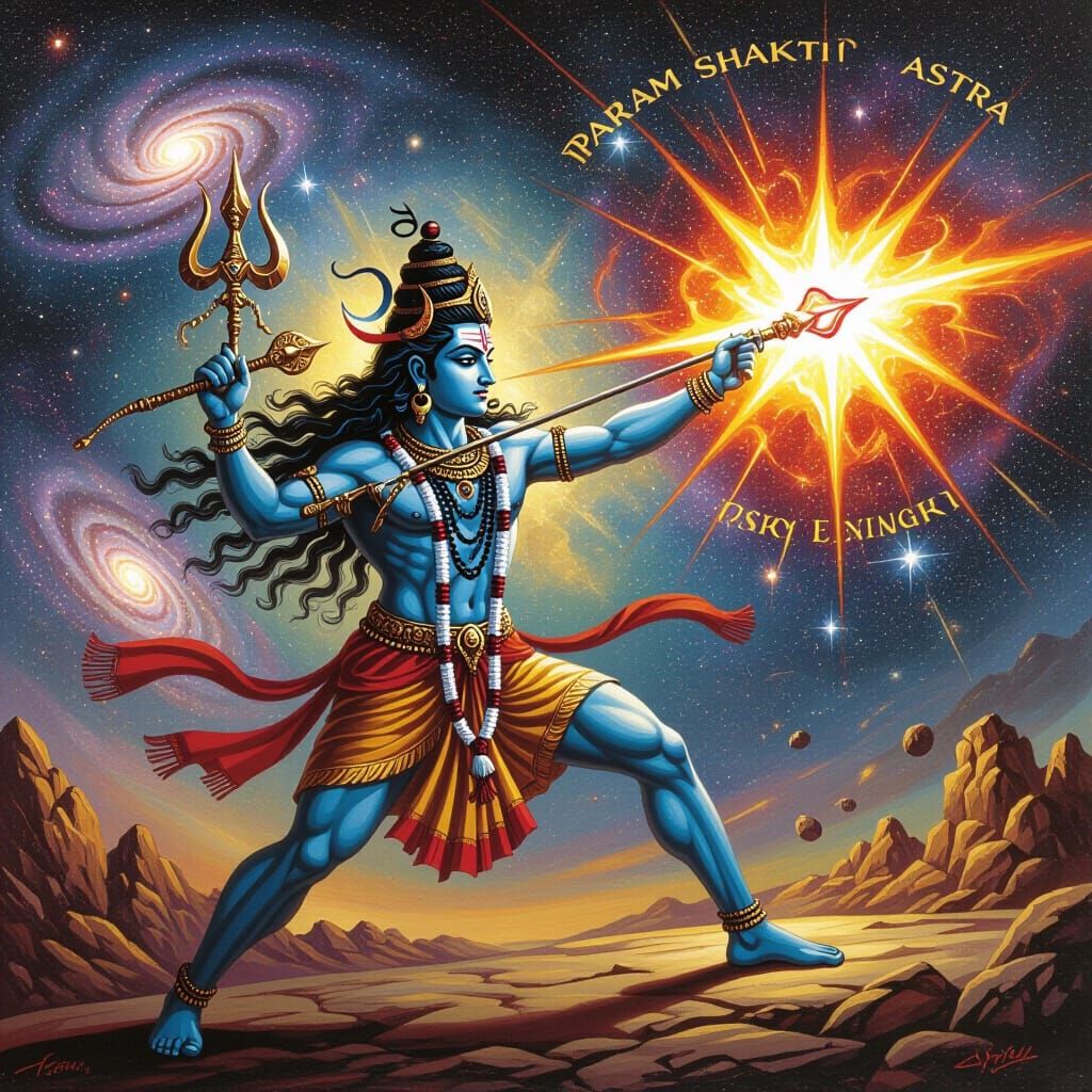 Cosmic Warrior Unleashing Divine Power as Oil Painting