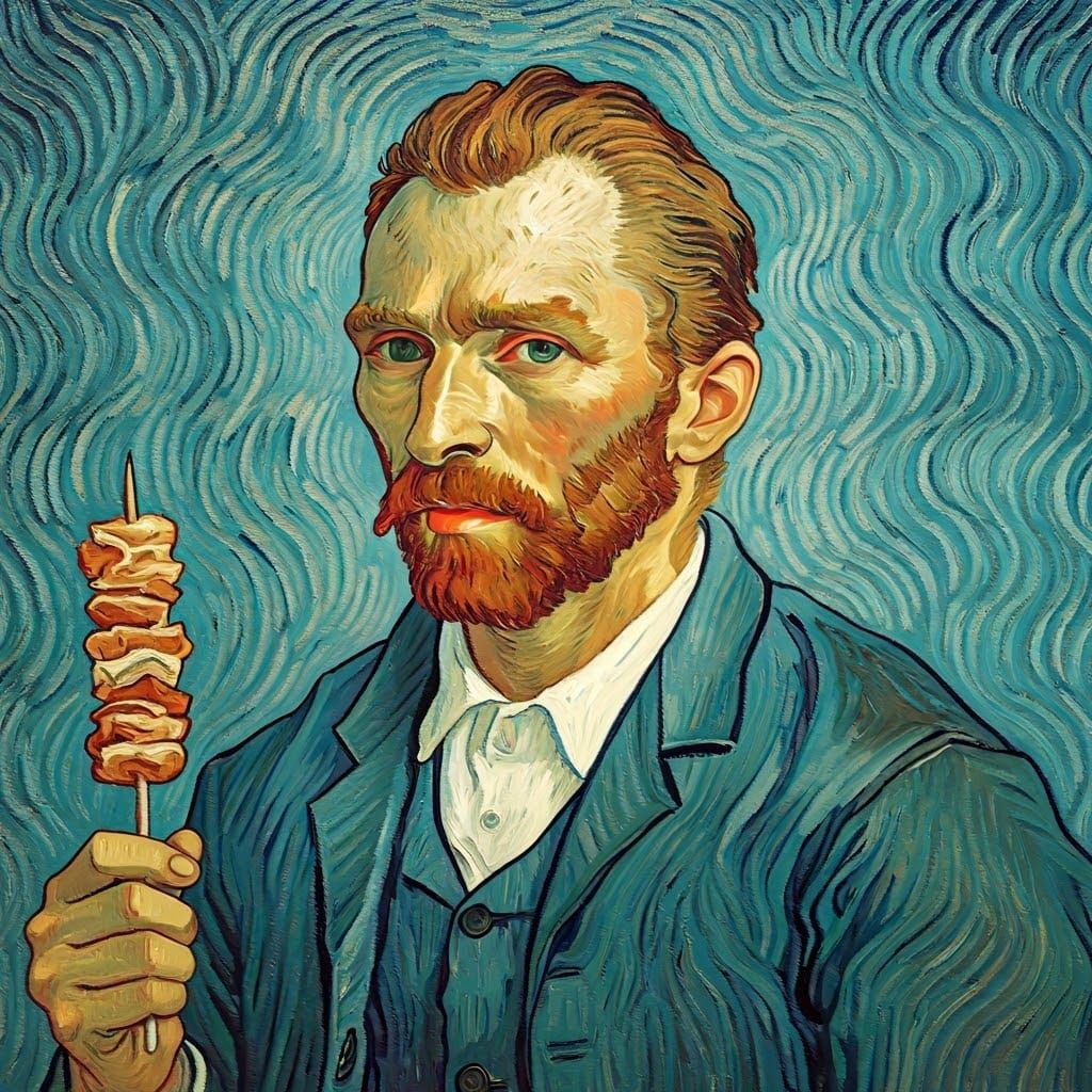 Self-Portrait with Kebab, in Van Gogh Style