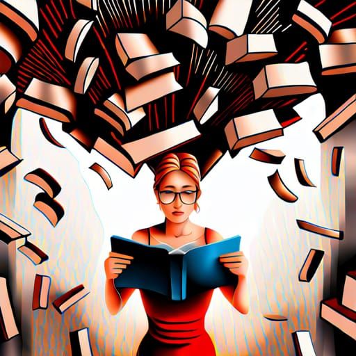 Woman Reading Book with Floating Story Illustrations