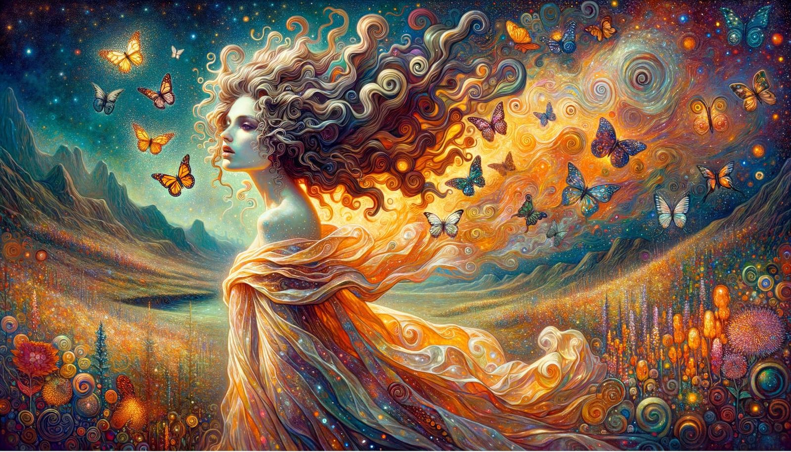 Enigmatic Woman Ignites Whimsical Landscape with Vibrant But...