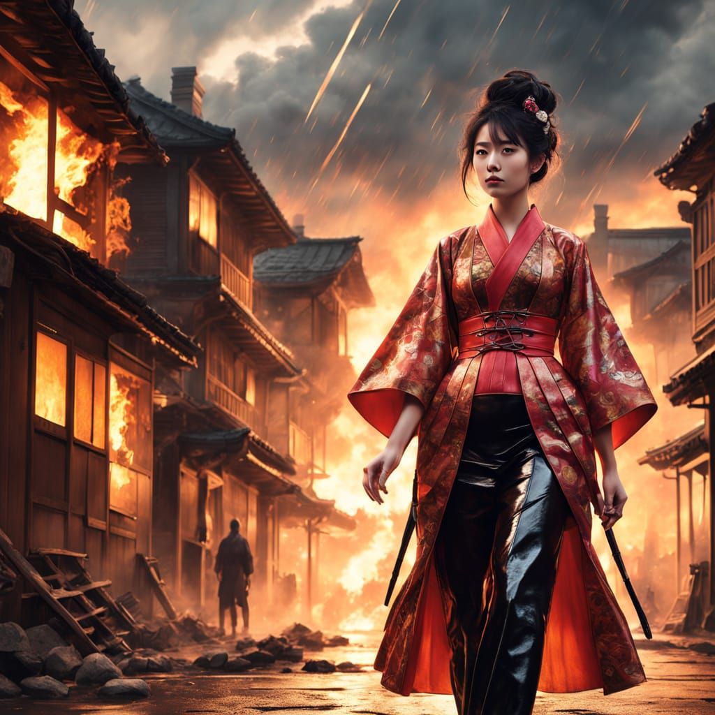 Woman in Kimono and Samurai Armor in Burning City
