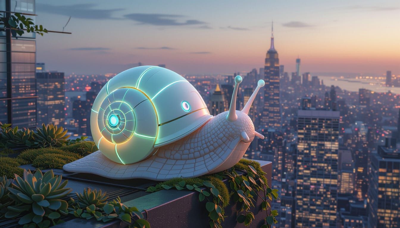 Cartoon Robot Snail Overlooking Cyberpunk Cityscape