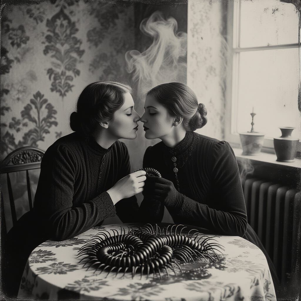 Eerie Kiss Scene in Grungy Photogravure Style