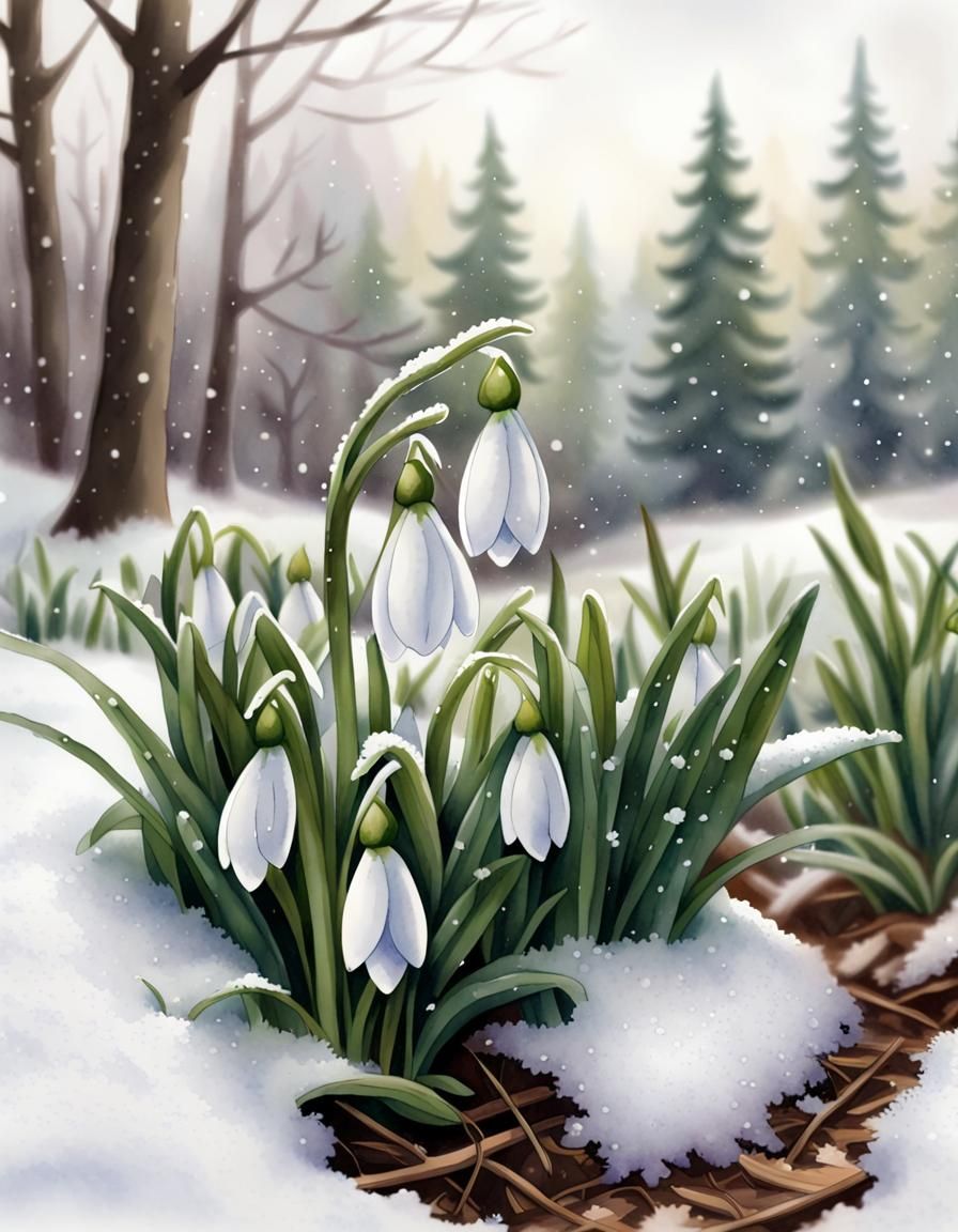 Snowdrops Bloom Through Snow, Watercolor Storybook Style