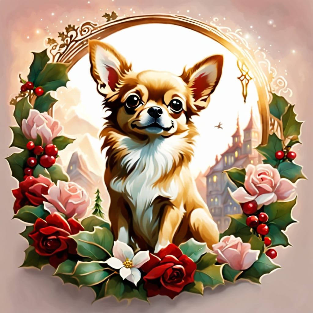 Tan Chihuahua in Vibrant Christmas Wreath, Surrounded by Win...