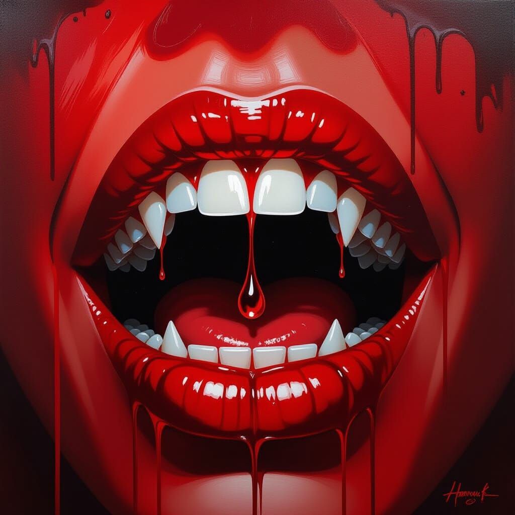 Vampire Fangs Dripping Blood in Surreal Expressionist Style