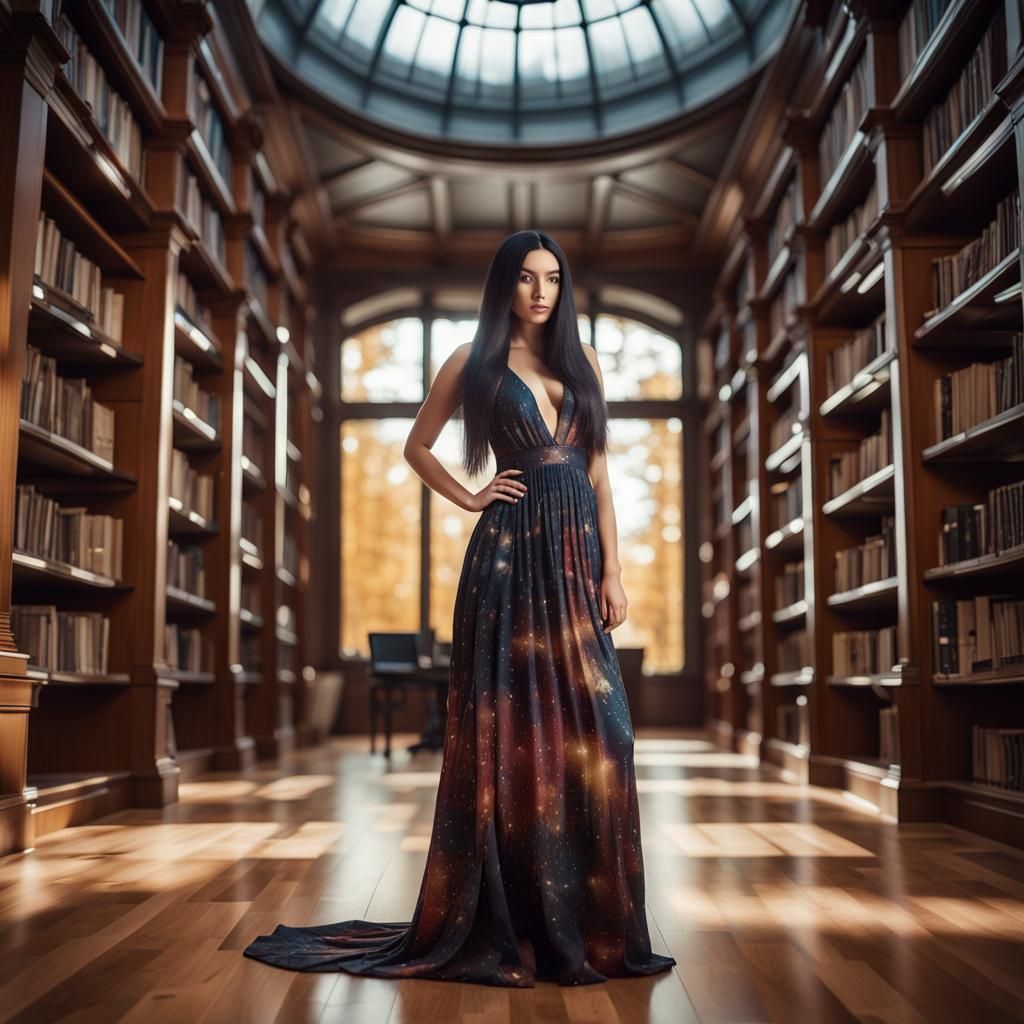Stunning Woman in Galaxy Dress in Library