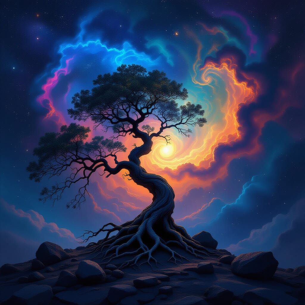 Ancient Cosmic Tree Against Nebula in Dark Fantasy Style