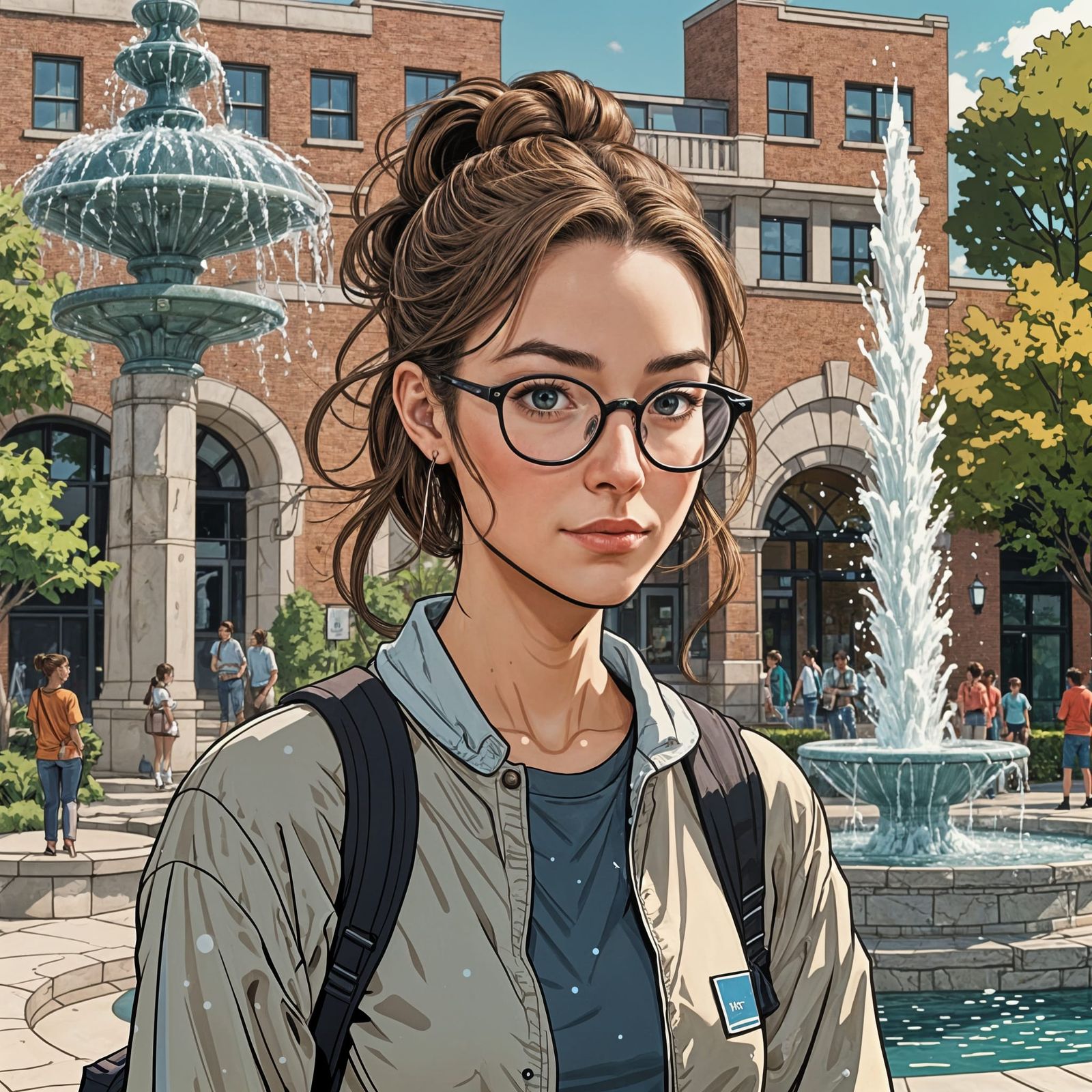 Young Woman at College Fountain in Graphic Novel Style