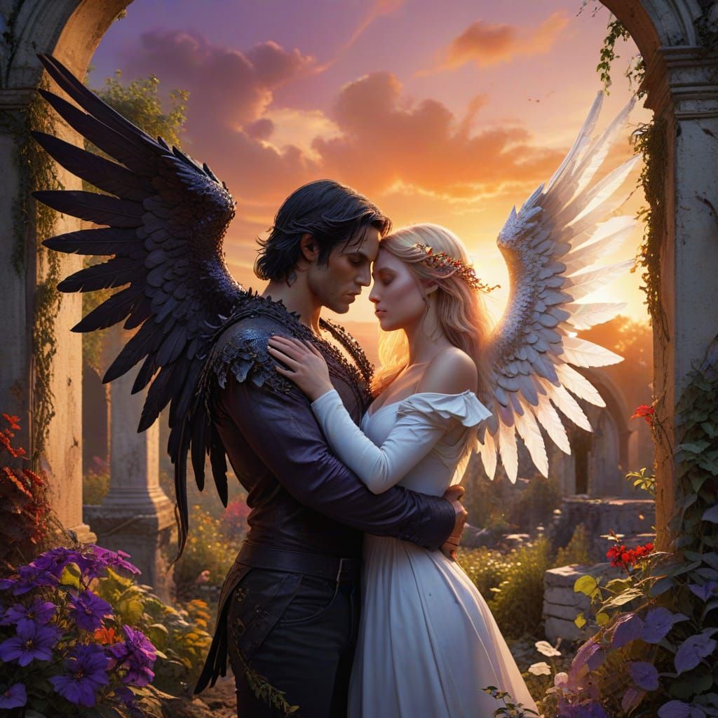 Angel and Demon Embrace at Sunset in Ruined Garden
