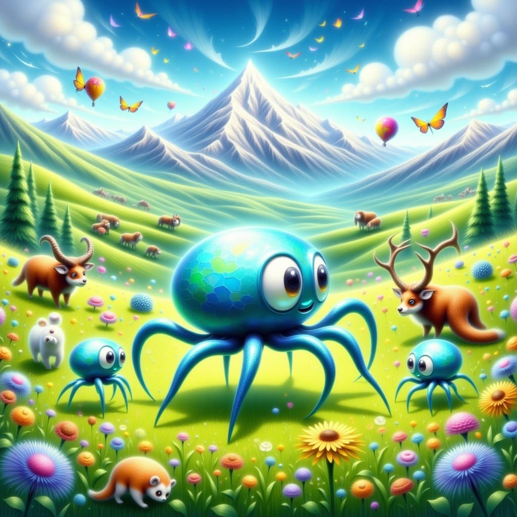 Whimsical Tibetan Landscape with Spider-Octopi and Local Wil...