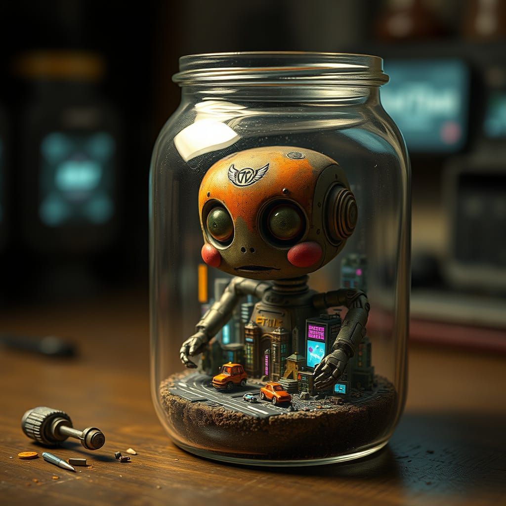 Robot Crafts Cyberpunk City Diorama in Jar
