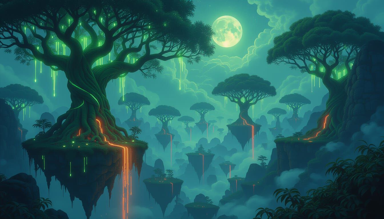 Bioluminescent Canopy Over Floating Islands