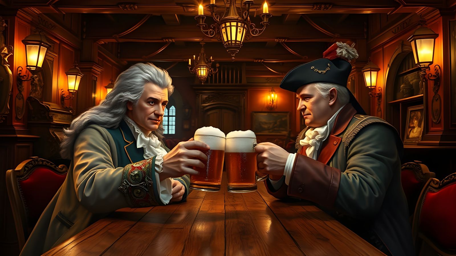 Mozart and Napoleon Enjoy Beer in a Whimsical Tavern