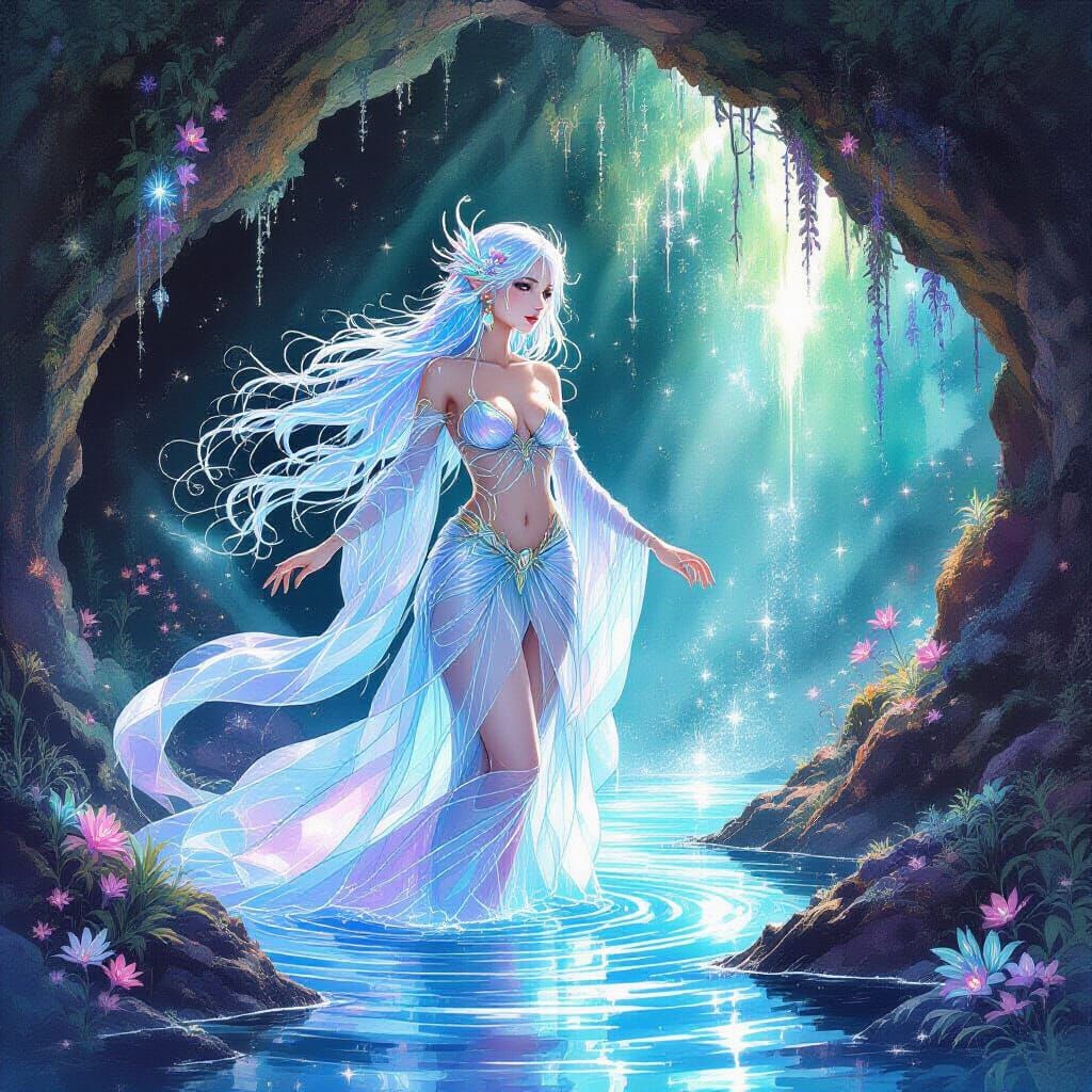 Celestial Water Nymph in Watercolor Painting Style