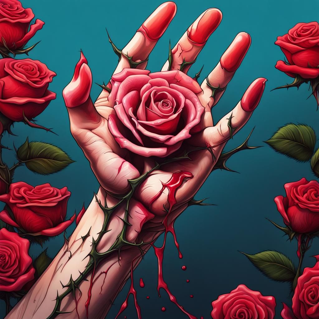 Bleeding Hand Holding Rose: Hyperrealistic Splash Art
