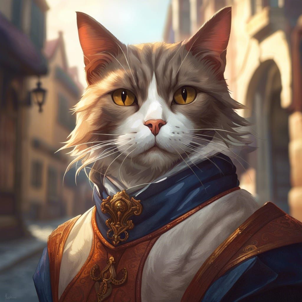 Cat Cavalier Portrait on Medieval Street