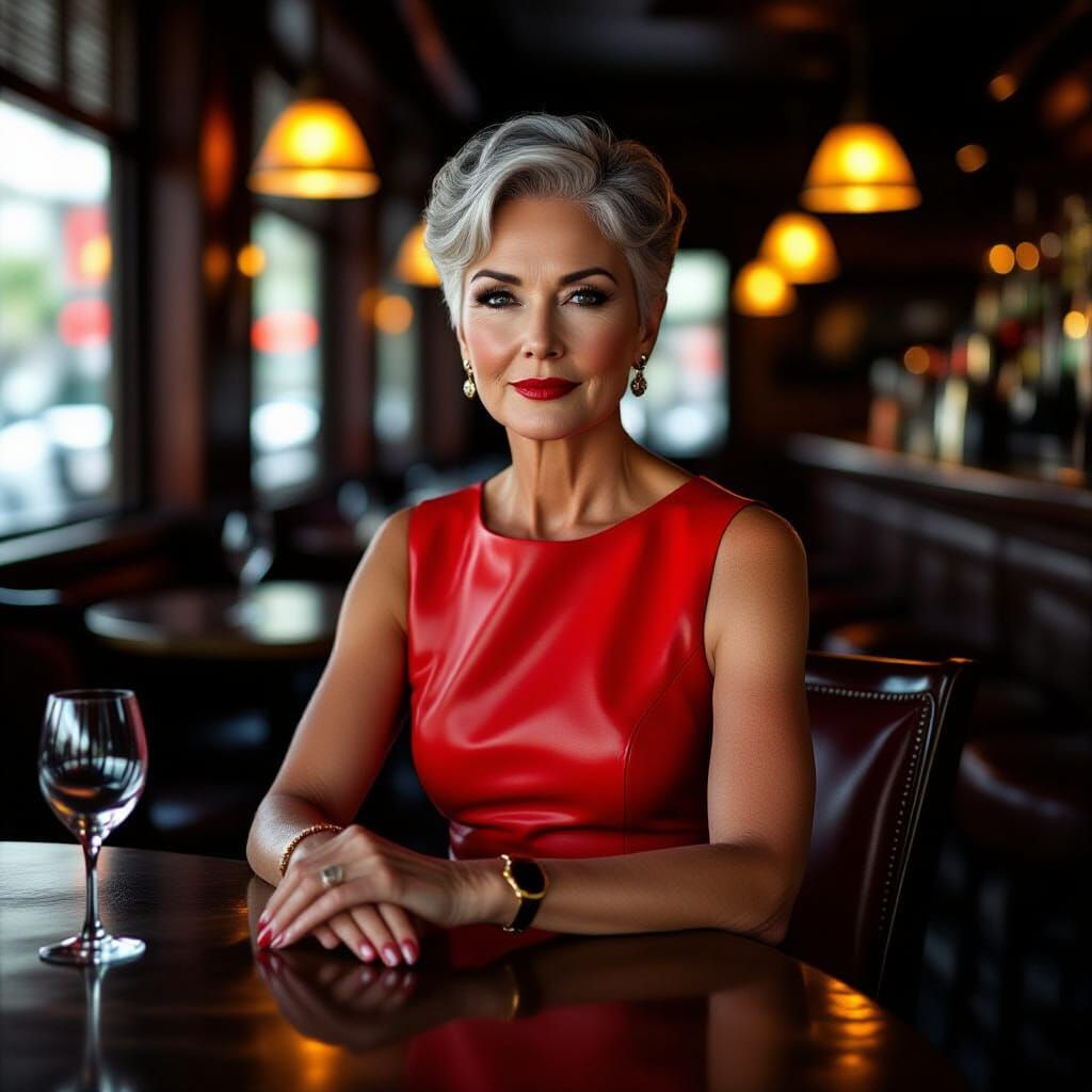 Emma in Red Leather at a Dimly Lit Bar