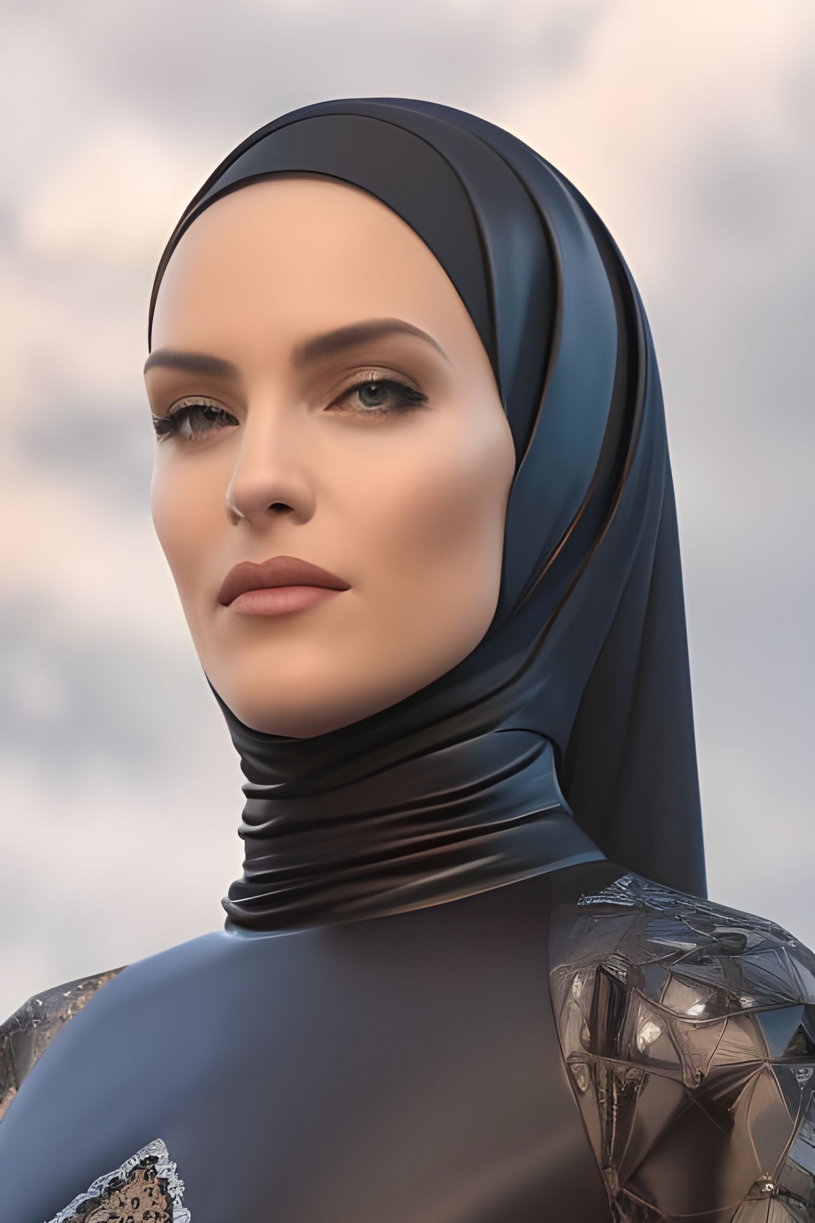 Elegant Woman in Hijab and Latex Dress