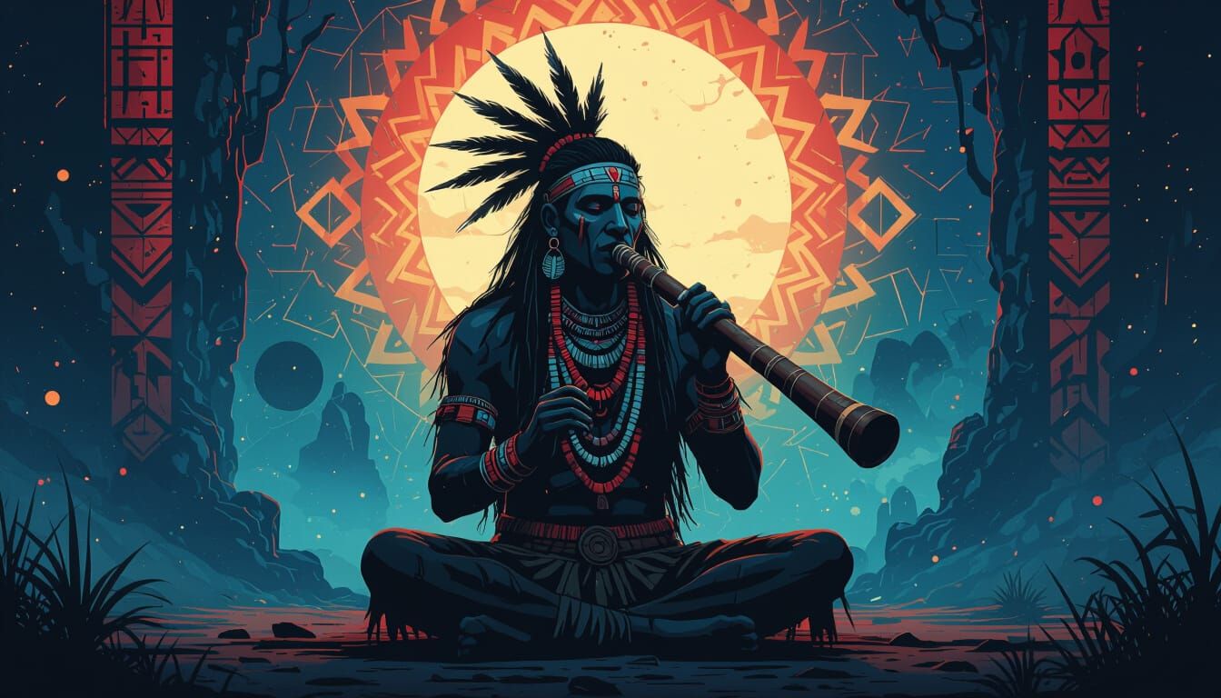 Tribal Figure Plays Didgeridoo in Ambient Setting
