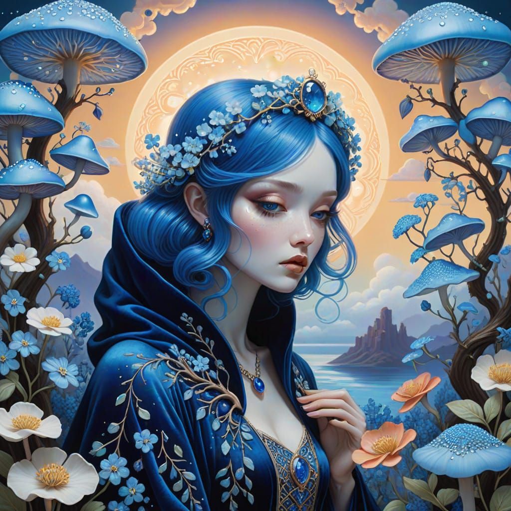 Surreal Blue Dreamscape Goddess in Vibrant Velvet Cloak
