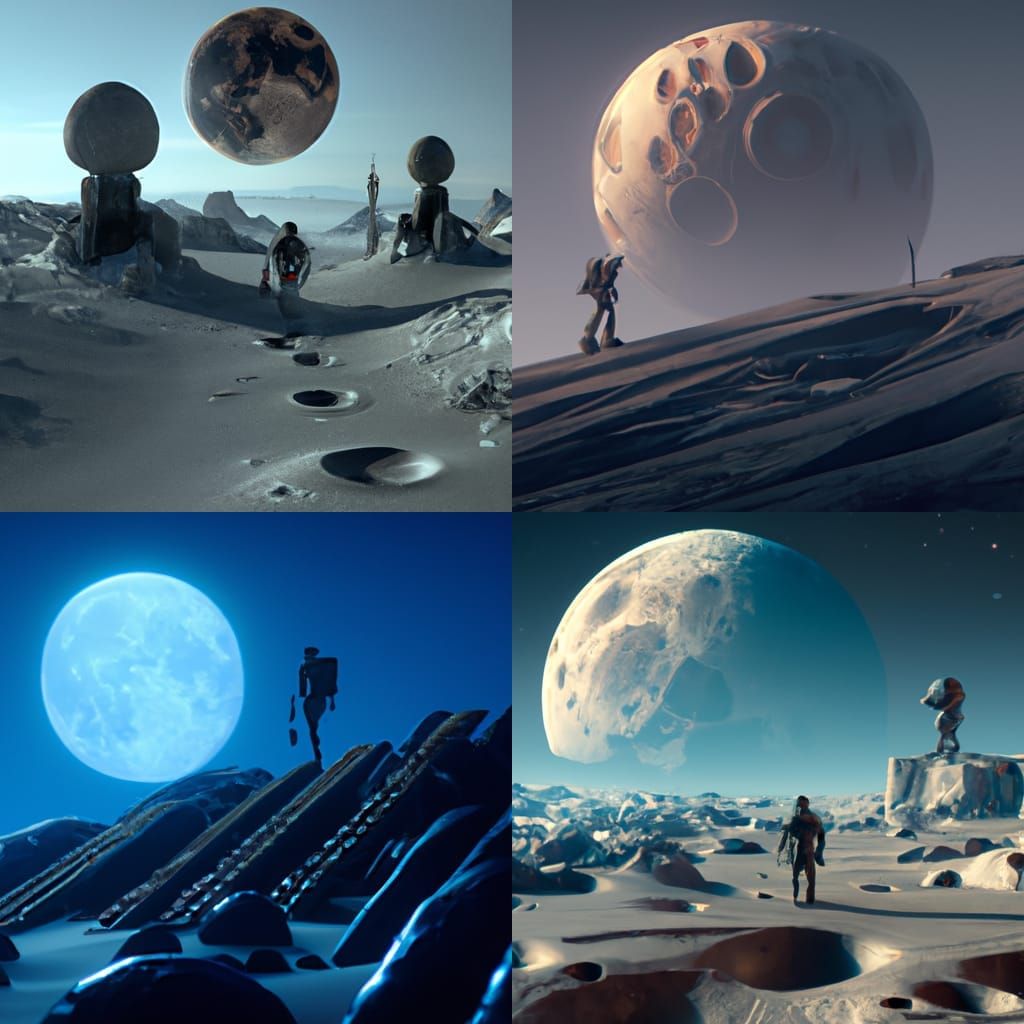 Astronaut Walking on Moon: Detailed Matte Painting