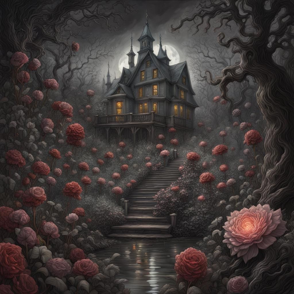 Sinister Secret Garden: A Hyperdetailed Charcoal Drawing